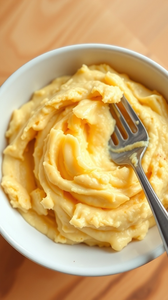 Simple Mashed Ripe Bananas Recipe A bowl of creamy mashed ripe bananas on a wooden countertop with a fork.